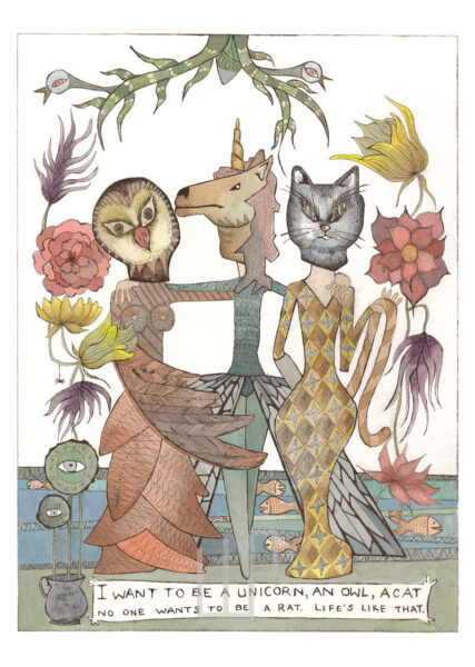 Unicorn, Owl and Rat, etching, 30x40