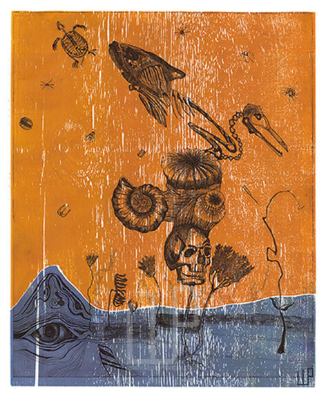 skull etching blue gold 40x50